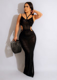 Halter Neck Cutout Waist Straps Knitting Beach Maxi Dress