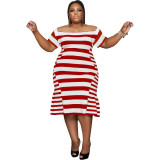 Plus Size Striped Print Short Sleeve Midi Dress