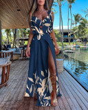 Floral Navy Print Holiday Sexy Slit Two Piece Dress Set