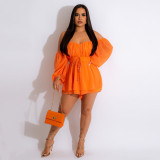 Solid Off Shoulder Chiffon Slim Waist Puff Sleeve Rompes