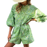 Women Fashion Chic Print Stand Collar Rompers