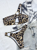 Leopard One Shoulder O-Ring Hollow Out Sexy Bikini Set