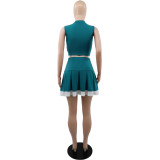 Contrast Sleeveless Zip Crop Top and Pleated Skirt 2-Piece Set