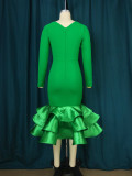 Green V-Neck Hollow Out Sleeve Ruffles Long Party Dress