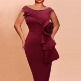 Burgundy Elegant Boat Neck Cap Sleeve Bodycon Dress