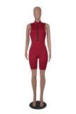 Solid Sleeveless Contrast Zipper Tight Rompers