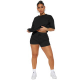 Stylish Casual Ripped Solid Short Sleeve Two-Piece Shorts Set