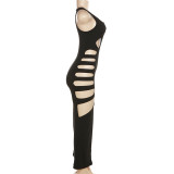 Black Sexy Sleeveless U-Neck Hollow Out Ripped Slit Long Bodycon Dress