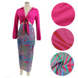 Solid Tie Front Long Sleeve Top + Print Bodycon Skirt Two-Piece Set