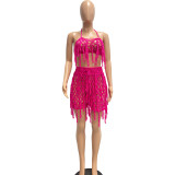 Sexy Beach Two Piece Set See-Through Knitting Crochet Tassel Camisole Top Shorts