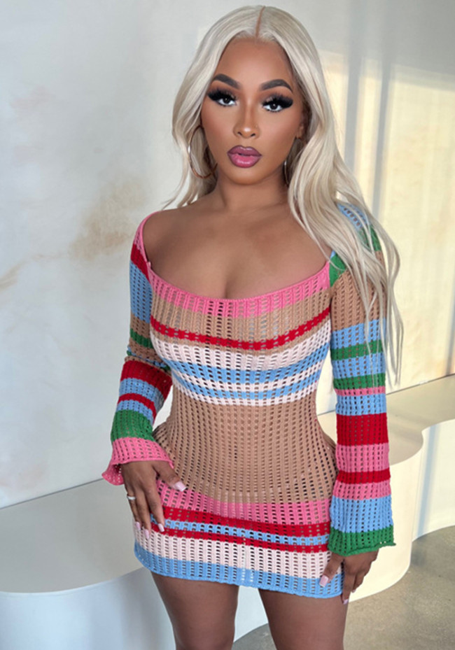 Striped Colorful Long Sleeve Knitted Hollow Out Sexy Dress