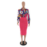 Career Two Pieces Suit Long Sleeve Print Shirt and Solid Bodycon Skirt