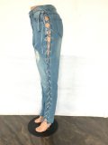 Ladies Light Blue Ripped Lace-Up Stylish Jeans