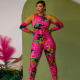 Print High Stretch Tight Sexy Sleeveless Jumpsuit with Gloves