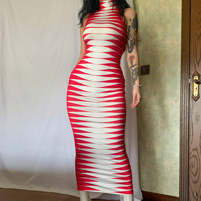 Sleeveless Printed Tight Long Dress