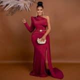 Elegant Solid One Shoulder Long Sleeve Long Evening Gown