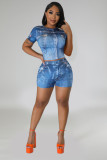 Fashion 2-Piece Set Print Fake Denim Short Sleeve Top & Shorts