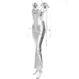 Sexy Silver Metallic Backless Ruched Long Dress