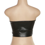 Black PU Leather Strapless Slim Top Skirt Two Piece Set