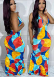 Fashion Geometric Digital Print Halter V-Neck Maxi Dress