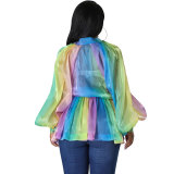 Gradient Colorful Puff Sleeve Tie Waist Shirt