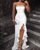 White Strapless Ruffle Slit Maxi Dress