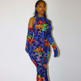 Print High Stretch Tight Sexy Sleeveless Jumpsuit with Gloves