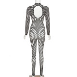 Black Long Sleeve Fishnet Hollow Out Bodycon Jumpsuit