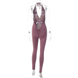 Solid Halter Plunge Sexy Low Back Scrunch Butt Sports Tight Jumpsuit