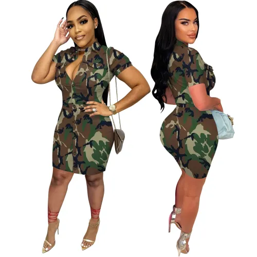 Trendy Sexy Camo Print Short Sleeve Midi Dress