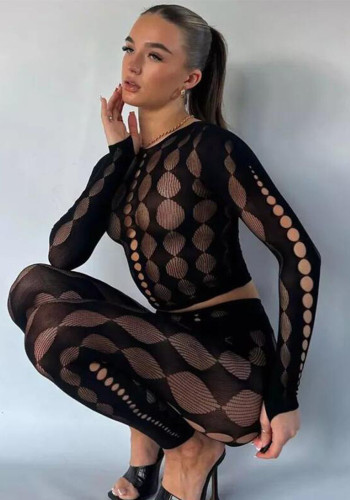 Black Hollow Out Tight Fit 2PCS Set Sexy Long Sleeve Top High Waist Leggings