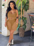 Sexy Beach Two Piece Set See-Through Knitting Crochet Tassel Camisole Top Shorts