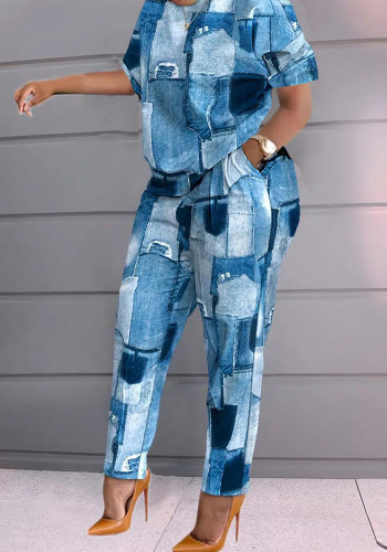 Printed Loose Short Sleeve Pants 2 Piece Set for Women