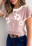 Floral Print Slim Fit Pink Short Sleeve Fashion Top