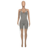 Sexy V-Neck Ribbed Camisole Solid Lace Up Tight Rompers