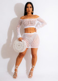 Solid Knitting Hollow Out Off Shoulder Lace-Up Beach Skirt 2PCS Set
