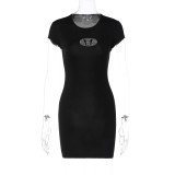 Embroidery Cutout Round Neck Short Sleeve Bodycon Dress