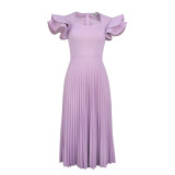 Elegant Chic Lilac Square Neck Career Pleated Dress