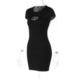 Embroidery Cutout Round Neck Short Sleeve Bodycon Dress