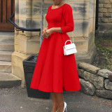 Solid Color 3/4 Sleeve A-Line Midi Dress without Belt