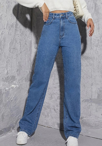 Blue Denim High Waisted Street Style Straight Leg Jeans