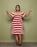 Plus Size Striped Print Short Sleeve Midi Dress