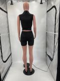 Solid High Stretch Sleeveless Cropped Shirt Casual Two Piece Shorts Set