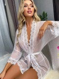 White Sexy Lace Trim Mesh Nightdress Night-robe