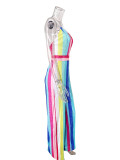 Striped Sequin Straps Wide Leg Deep-V Jumpsuit