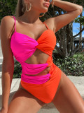 Contrast Hot Pink & Orange Hollow Out One Piece Swimwear