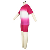 Gradient Hot Pink Print Short Sleeve Casual T-Shirt Shorts 2PCS Set