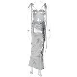 Sexy Silver Metallic Backless Ruched Long Dress