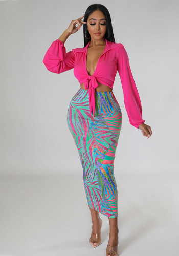 Solid Tie Front Long Sleeve Top + Print Bodycon Skirt Two-Piece Set