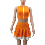 Casual Sexy Colorblock Zipper Sleeveless Top & Pleated Skirt 2PCS Set